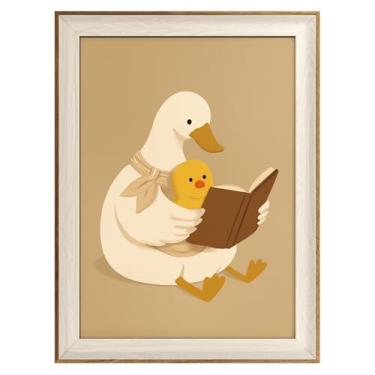 Imagem de VIYYIEA Arte de parede emoldurada para sala de estar, mãe pato lendo para bebês impressões em tela, decoração de casa humorística, imagem de pintura de animais, decoração de parede de banheiro