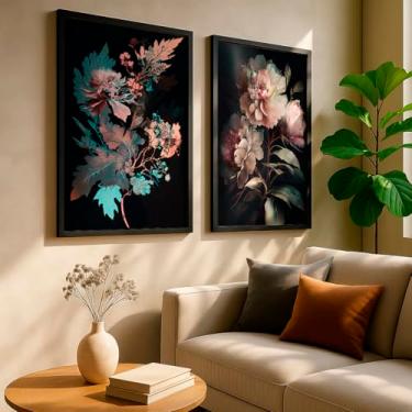 Imagem de Kit 2 Quadros Decorativos Flores Fundo Preto Romântico Noturno Floral Luxo Botânico Elegante Com Moldura