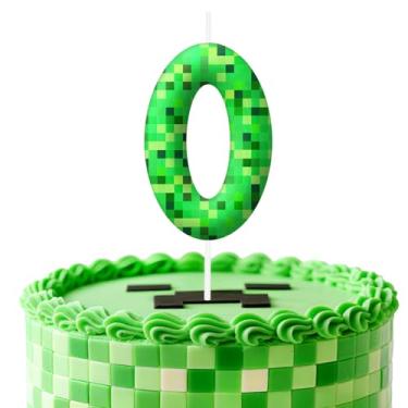 Imagem de Velas de aniversário verdes número 0, topo de bolo com tema de pixel para decoração de bolo para meninos e meninas, decorações de aniversário, suprimentos de festa, velas numéricas para decoração de
