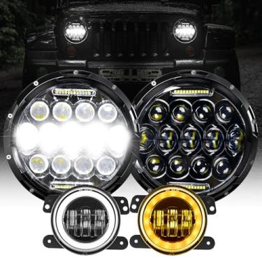 Imagem de Farol de LED para Wrangler + faróis de neblina de LED de 10 cm, AAIWA 75 W redondos faróis de LED com luz de rodagem diurna DRL, feixe alto e baixo, compatível com Jeep Wrangler JK TJ LJ com adaptador H4 H13