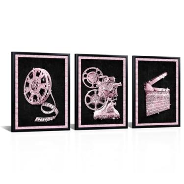 Imagem de HOMEOART Decoração de sala de cinema em casa cinema decoração de parede emoldurada pronta para pendurar 30 x 40 cm x 3 peças (rosa)