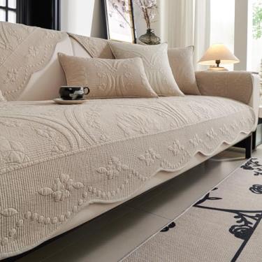 Imagem de vctops Capa de sofá acolchoada de algodão Farmhouse Counrty floral bordada capa de sofá antiderrapante macia recortada capa protetora de móveis lavável para cães e gatos (cáqui, 91 x 160 cm)