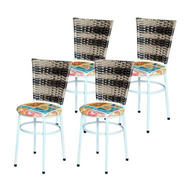 Imagem de 4 Cadeiras Brancas Para Mesa Hawai Cappuccino Premium Assento Floral Happy Hour