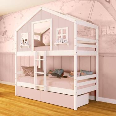 Imagem de Beliche Casinha dos Sonhos com 02 Gavetas Rosa Madeira Maciça Rosa/ Branco Megamobilia