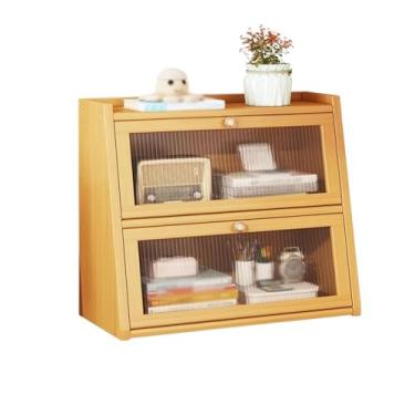 Imagem de Estante de mesa de mesa trapezoidal de bambu com porta de armário de plástico, prateleira de exibição com placa de densidade, estante de escritório ou escritório organizador de mesa (C50 x L 28 x A 50