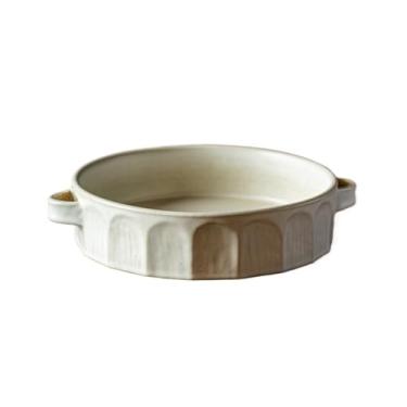 Imagem de Assadeira com superfície de corte de orelha dupla, prato redondo, vintage, cerâmica áspera, assadeira, prato seco, restaurante, casa, sopa, prato de bolinho de massa, assadeira (branca)