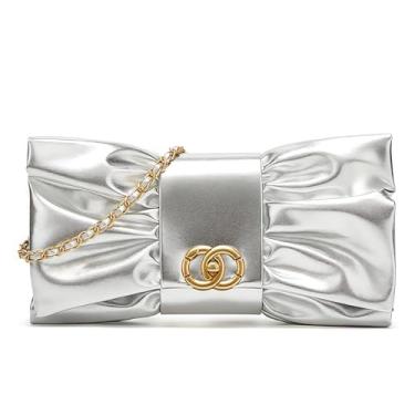 Imagem de Bolsa de mão feminina com laço para noite, bolsa tiracolo de couro sintético para casamento, coquetel, festa de formatura, Prata