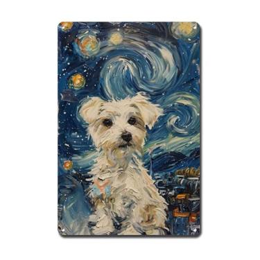 Imagem de Ymyoo Placa de metal placa de estanho arte de parede vintage noite estrelada maltês maltês fofo maltês à noite para apartamento doméstico e celebrações sazonais alumínio resistente à corrosão 15 × 20