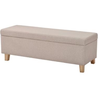Imagem de Caixa De Armazenamento Otomano Dobrável Para Casa Com Tampas Puff Footstool Caixas De Armazenamento De Jardim Grande Banquinho Otomano Com Pernas De Madeira Cadeira De Pufe, Beige, Large