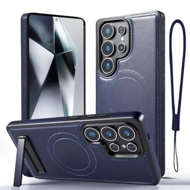 Imagem de Moment Dextrad Capa de couro magnético para Samsung Galaxy S24 Ultra azul, suporte embutido, compatível com MagSafe, alça de silicone, proteção interna de TPU, capa fina à prova de choque