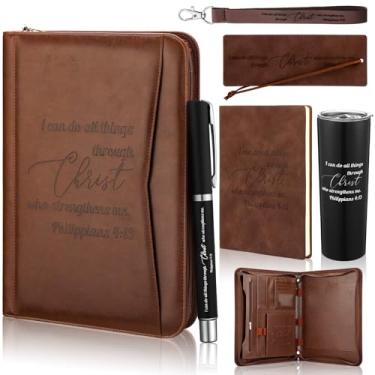 Imagem de Patelai 6 peças de presentes religiosos cristãos para pastores I Do All Things Through Christ Who Strengthens Me Versículo da Bíblia de couro, fichário, caderno, copo, chaveiro, caneta, marcador de