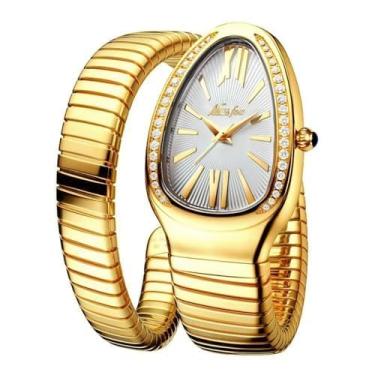 Imagem de DAXIAOYU Relógio clássico em forma de cobra, pulseira escalável, dourado, prata, relógios femininos, diamantes brilhantes, quartzo, relógio de pulso feminino, Dourado, branco