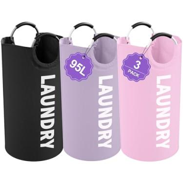 Imagem de IHOMAGIC Pacote com 3 cestos dobráveis com alças, organizador de cesto de roupa suja de 95 L, sacos de lavanderia duráveis, cesto de roupas sujas grande para família, viagens, acampamento, roxo + rosa