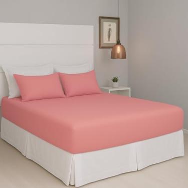 Imagem de Jogo de Lençol Cama Casal Pérola Liso 3 Peças COZZILAR Coral 100% Algodão com Elástico e Toque Macio