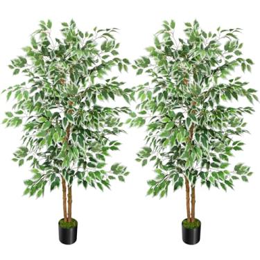 Imagem de GTIDEA 2 peças de ficus de árvore artificial de 1,5 m, árvore falsa com tronco natural, folhas de ficus de seda, plantas falsas para ambientes internos e externos, casa, escritório, varanda, sala de