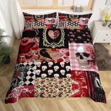 Imagem de Conjunto de capa de edredom tamanho casal, estampa de traça de corvo gótico, vintage, preto, vermelho, quadriculado, patchwork, para decoração de quarto de crianças, adolescentes, meninas, meninos, 3