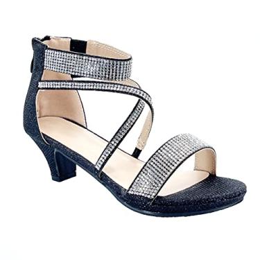 Imagem de ABSOLEX Sandália infantil para meninas/crianças pequenas/crianças grandes com tiras cruzadas abertas com strass elegante salto baixo, Preto-104*, 12 Little Kid