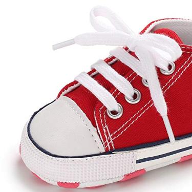 Imagem de KIDSUN Tênis unissex de cano alto para bebês meninos e meninas sola antiderrapante para recém-nascidos primeiros passos sapatos jeans de lona, A01-vermelho., 6-12 Meses