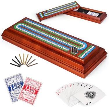 Imagem de Wooden Cribbage Board Game Set with Large Storage Area, Solid Wood 3 Track Cribbage Board, 9 Metal Pegs, 2 Playing Cards and Instruction. Travel Family Game Night Travel Cribbage Sets for All Ages