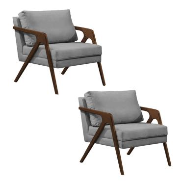 Imagem de Kit 2 Poltronas Mona Monique Luxo Base Madeira Maciça Natural Veludo Cinza  