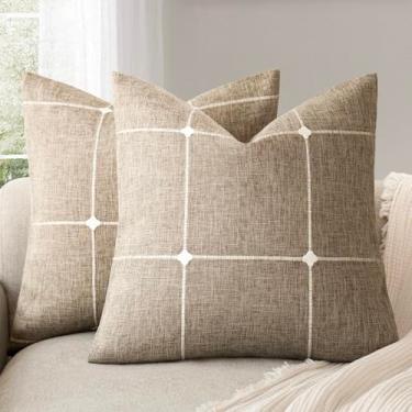 Imagem de Foindtower Pacote com 2 fronhas decorativas de linho falso jacquard xadrez capa de almofada de fazenda com grade texturizada destaque fronha para sofá, sala de estar, decoração de casa, 40,6 × 40,6 cm