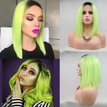 Imagem de Perucas sintéticas femininas resistentes ao calor para cosplay de verão para drag queen raízes pretas ombré verde fluorescente curto cabelo curto comprimento dos ombros perucas frontais rendadas