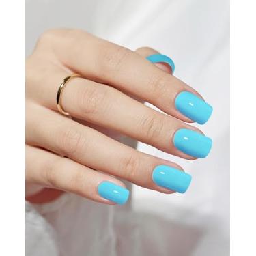 Imagem de 24 peças de unhas curtas quadradas com cola gelatinosa, kit reutilizável de unhas postiças de gel macio para mulheres e meninas com recurso de revestimento protetor UV, faça você mesmo, unhas azuis