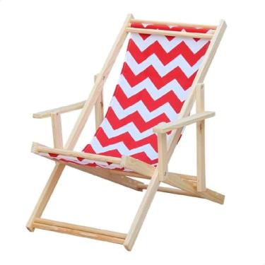 Imagem de Espreguiçadeira Madeira Maciça Dobrável Piscina ou Varanda – Com Braço, Natural (Chevron Vermelho e Branco)