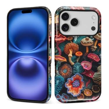 Imagem de Kapadiy Capa para iPhone 17 Pro, lindo design bordado de cogumelo híbrido proteção dupla de silicone rígido PC à prova de choque, capa protetora fina antiarranhões para homens e mulheres