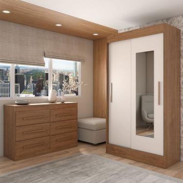 Imagem de Guarda-Roupa Solteiro Europa 2 Portas 2 Gavetas e Cômoda 6 Gavetas com Espelho Cinamomo/Off White  - Panorama Móveis