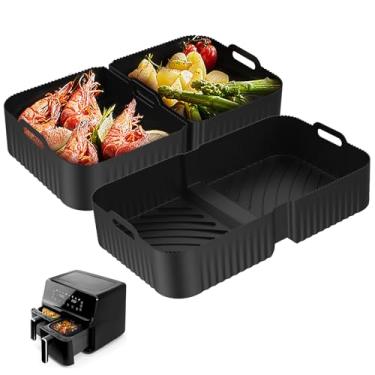 Imagem de 3 peças de forros de silicone para fritadeira a ar, forros de silicone dobráveis para fritadeira a ar Ninja DZ071 7-QT DualZone Megazone, cesta antiaderente reutilizável para forno e micro-ondas