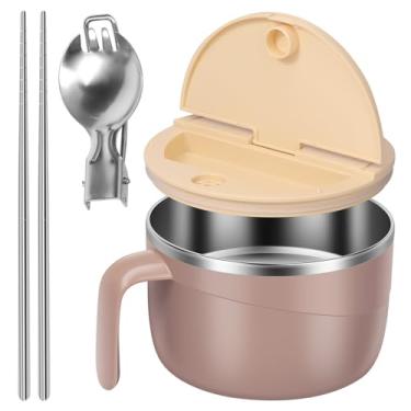 Imagem de Tigela de ramen de micro-ondas, tigela de ramen rápida com tampa filtrável, tigela de sopa de micro-ondas de aço inoxidável de 1200 ml, panela de ramen portátil com colher pauzinhos para casa