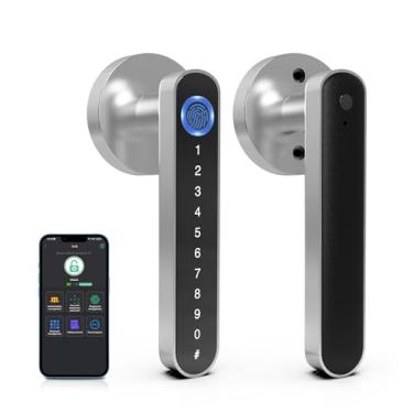 Imagem de eLinkSmart Fechadura de maçaneta de porta de impressão digital, fechadura de porta de entrada inteligente sem chave com alça de teclado de código, trava de segurança biométrica eletrônica para quarto