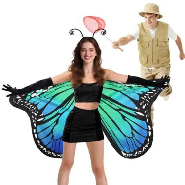 Imagem de MADHOLLY Fantasias de Halloween para casais – estampa dupla face com asas de borboleta para mulheres, colete chapéu apanhador de borboletas para homens, Azul, Large