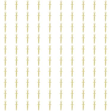 Imagem de Shapenty Pingente de punhal vintage pequeno pingente de espada para Halloween brinco colar pulseira chaveiro fabricação de joias suprimentos de artesanato enfeites de Natal, 100 peças (ouro)