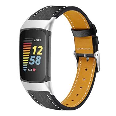 Imagem de Feigand Pulseiras de couro compatíveis com Fitbit Charge 6/Charge 5, pulseiras de substituição de couro genuíno para mulheres e homens (preto)