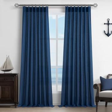 Imagem de Cortinas transparentes virais de linho grosso azul marinho 246 cm de comprimento para quarto, conjunto de 2 painéis, cortinas estéticas de filtragem de luz com aba traseira para decoração de quarto de