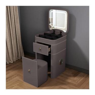 Imagem de Escrivaninha de penteadeira Vaidade de maquiagem para espaço pequeno aparência couro artificial mesa conjunto penteadeira com espelho iluminado ajustável fezes almofadadas(Gray)