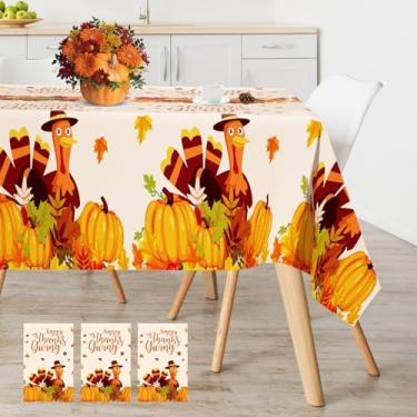 Imagem de Pacote com 3 toalhas de mesa de Ação de Graças, toalha de mesa de plástico descartável de folha de bordo de abóbora de peru, colheita de outono para decoração de festa de Ação de Graças, 137 x 274 cm