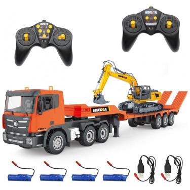 Imagem de Brinquedo Conjunto Caminhão Semi Truck Escavadeira RC da Fistone, Controle Remoto 2.4Ghz Caminhão Prancha com Brinquedo Escavadeira