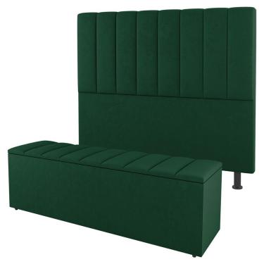 Imagem de Kit Cabeceira e Baú Cama Box Casal Cora 140cm Suede Verde - Desk Design