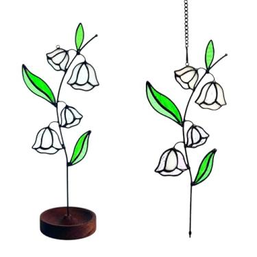 Imagem de Lcensp Lírio artificial do vale com vitral com base de madeira adequado para decoração de mesa de escritório doméstico. Presentes feitos à mão com flores artificiais lírio do vale para mães e mulheres