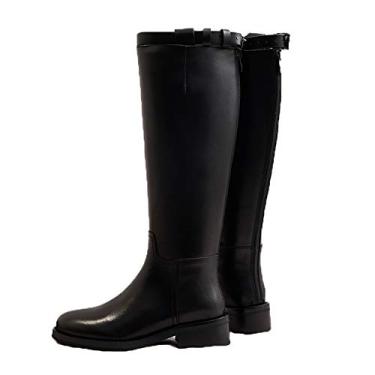Imagem de Bigfanshu Botas femininas de couro legítimo fashion feitas à mão clássica bico fino moda europeia e americana bota na altura do joelho fivela de neve até o meio da panturrilha ao ar livre, Preto, 6.5