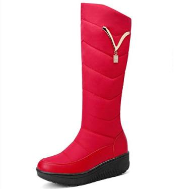 Imagem de Bigfanshu Botas femininas para neve inverno mãe sapatos à prova d'água pele quente pelúcia moda casual altura do joelho plus size, Vermelho, 6