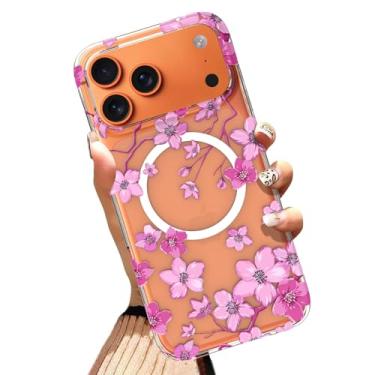Imagem de AIGOMARA Capa de telefone feita para iPhone 17 Pro Max de 6,9 polegadas [compatível com MagSafe] Design de flores florais rosa TPU macio e policarbonato rígido capa transparente à prova de choque