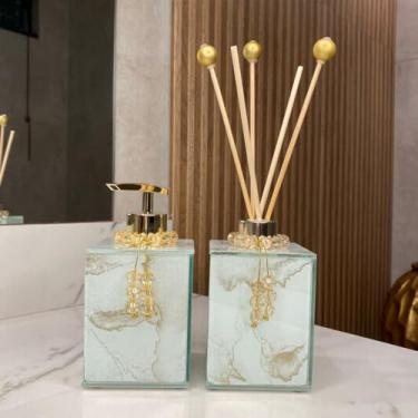 Imagem de Saboneteira e Aromatizador Efeito Mármore 250ml - Porta Sabonete Liquido Decorativo (Branco e Dourado,Com Colar)