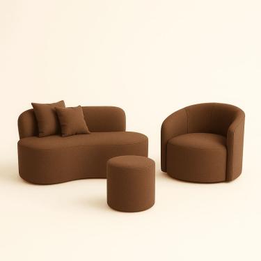 Imagem de Conjunto 01 Poltrona + Sofá  e 1 Puff Curvo Orgânico Nature Gaia Sued  Marrom - Montanaris Decor