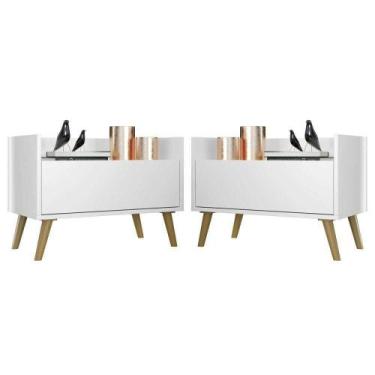 Imagem de Kit Com 2 Mesas De Cabeceira 60Cm Retrô Multimóveis V3633 Branca/Natur