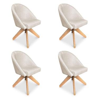 Imagem de Kit 04 Poltronas Cadeira Giratória Bela Linho Bege Base De Madeira - Pallazio