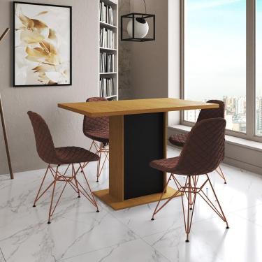 Imagem de Mesa Jantar Londres Tampo Canela 120Cm Base Preta 4 Cadeiras Base Cobre Estofado Caramelo